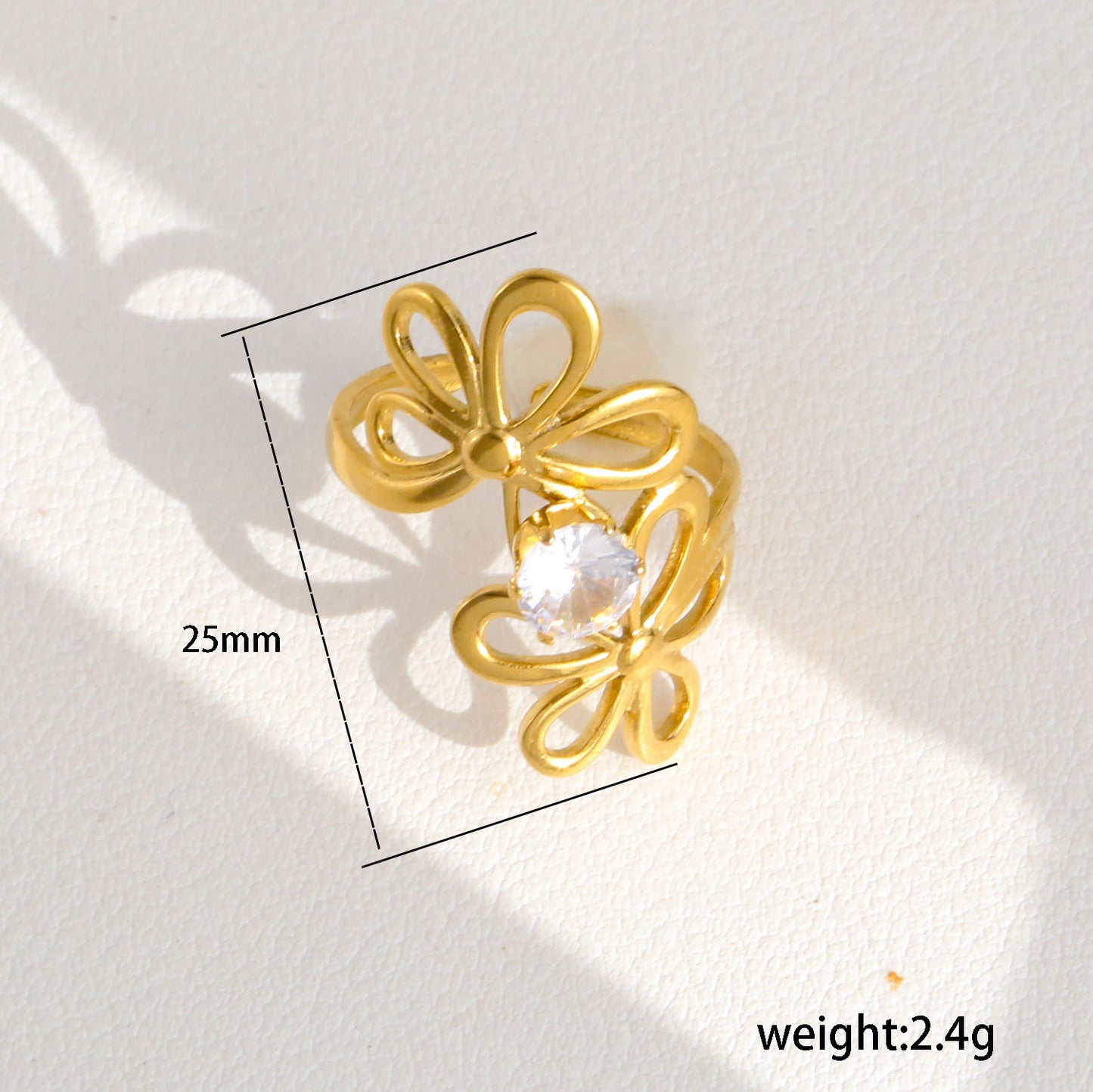 stainless steel ring with zircon and flowers