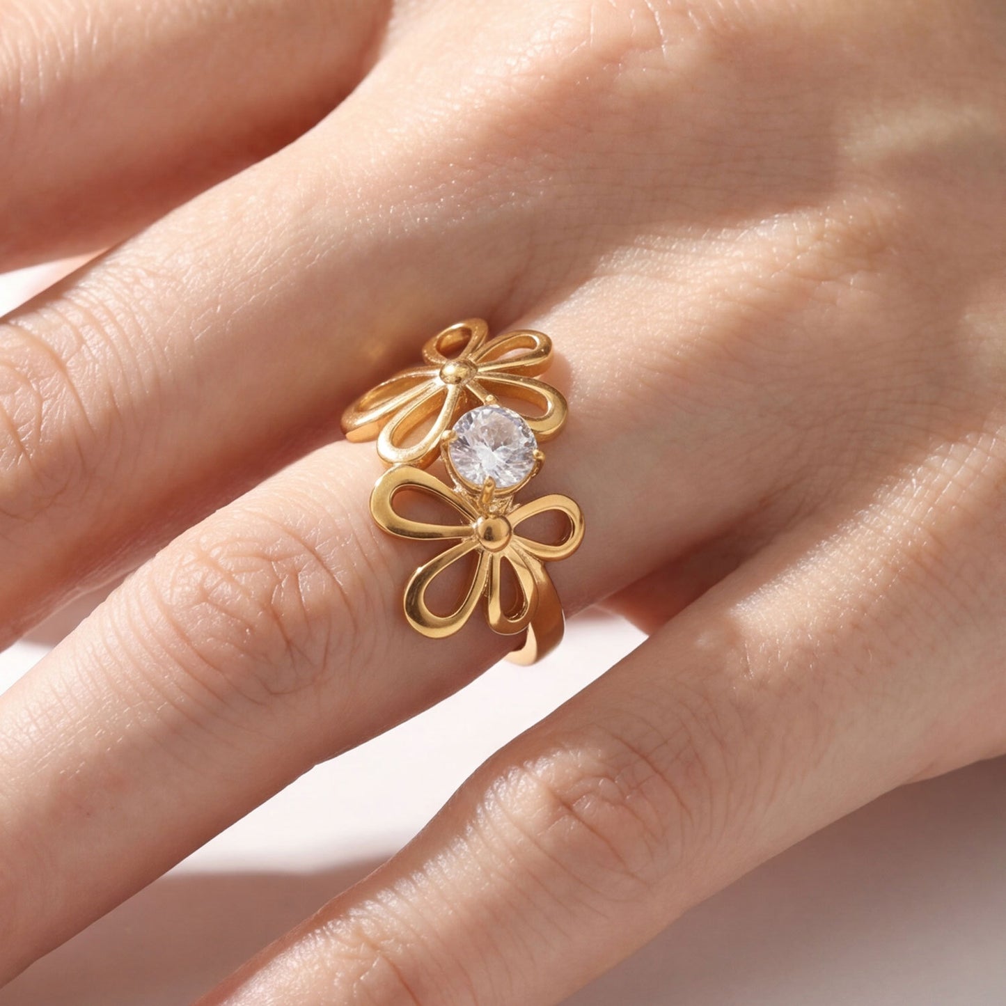 stainless steel ring with zircon and flowers