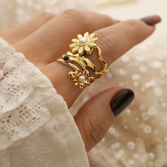 Anillo abierto versátil de perlas y girasol