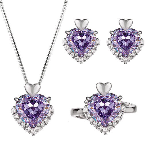 High-carbon zircon heart-shaped necklace ring earring