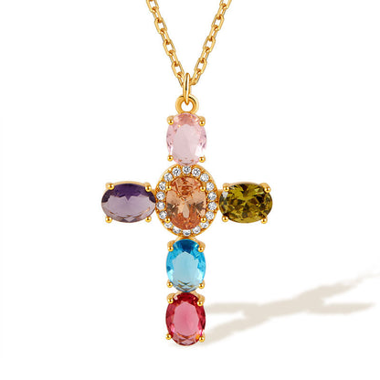 Colorful zircon pandent 18K gold plated copper necklace