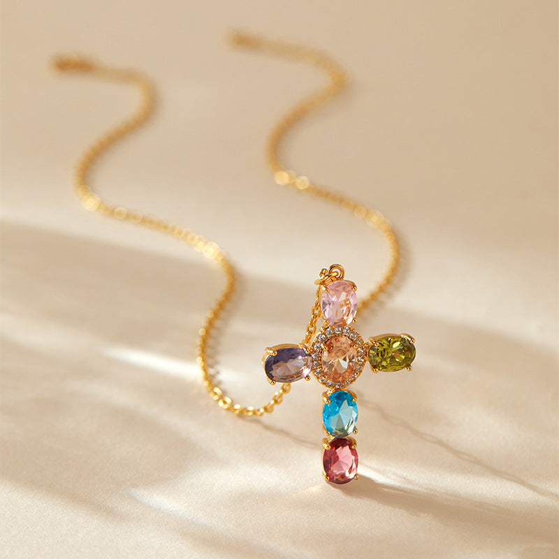 Colorful zircon pandent 18K gold plated copper necklace