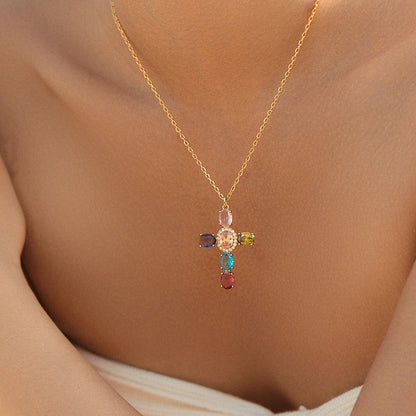 Colorful zircon pandent 18K gold plated copper necklace