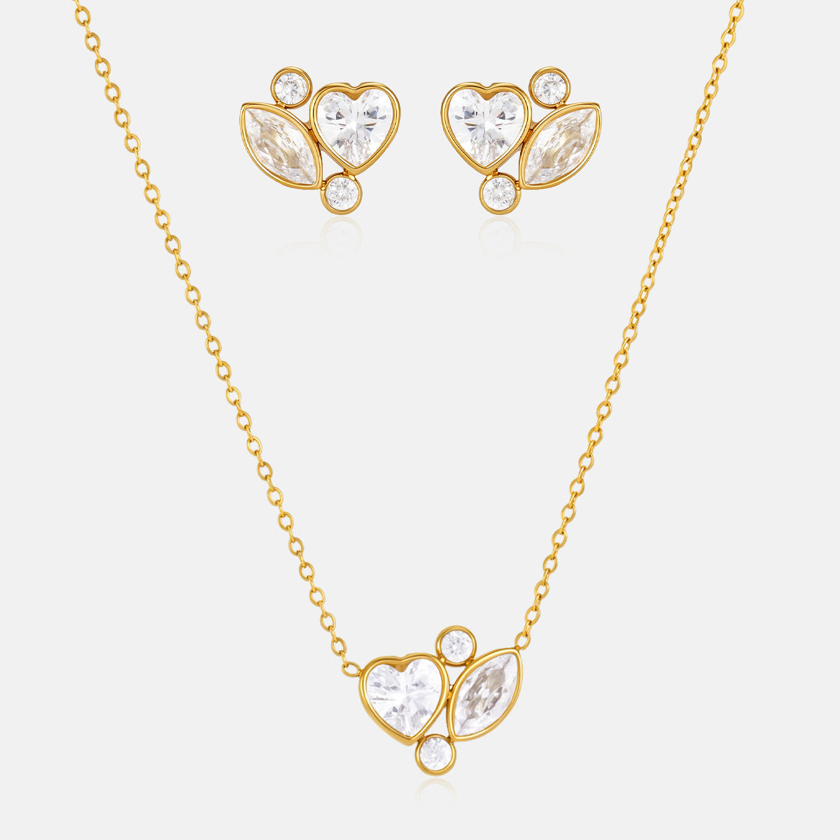 18k gold-plated stainless steel zircon heart necklace and earring set