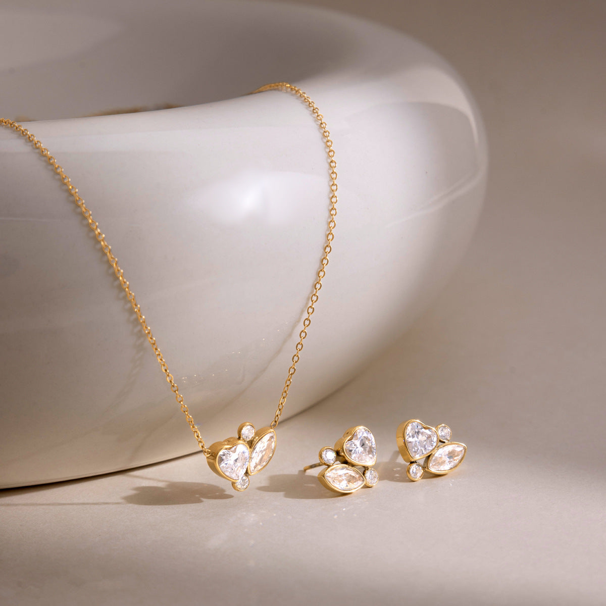 18k gold-plated stainless steel zircon heart necklace and earring set