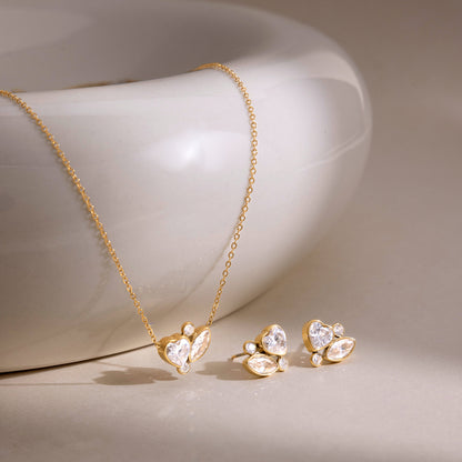 18k gold-plated stainless steel zircon heart necklace and earring set