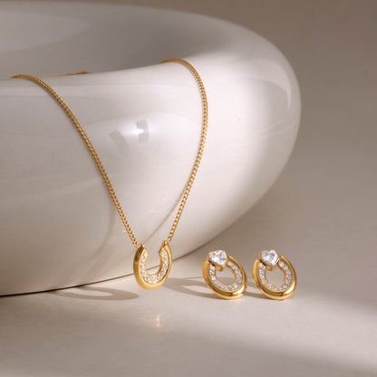 18K gold-plated stainless steel zircon U-shaped necklace earring set
