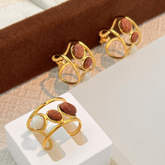Stainless steel plated with 18K gold and sand stones ring