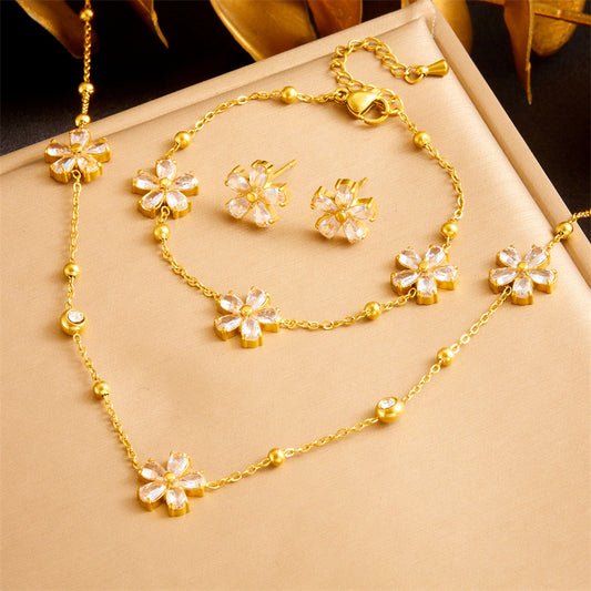 Stainless Steel Floral Zirconia Necklace bracelet earring set